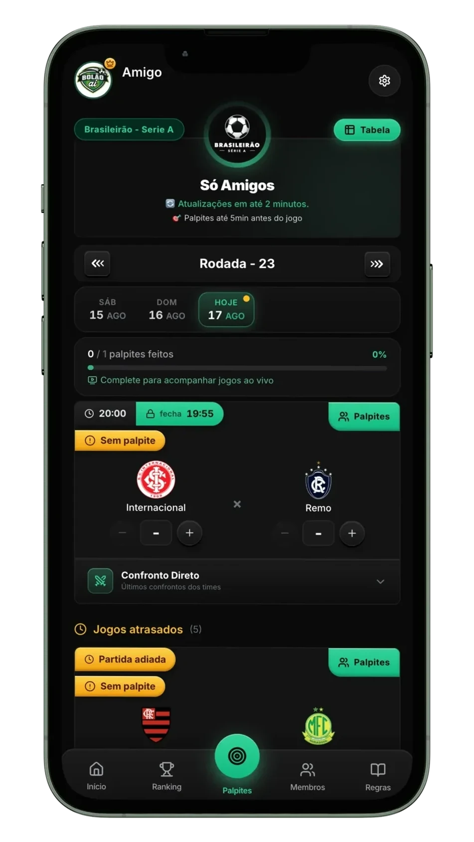 Tela de palpites no app Bolão AI